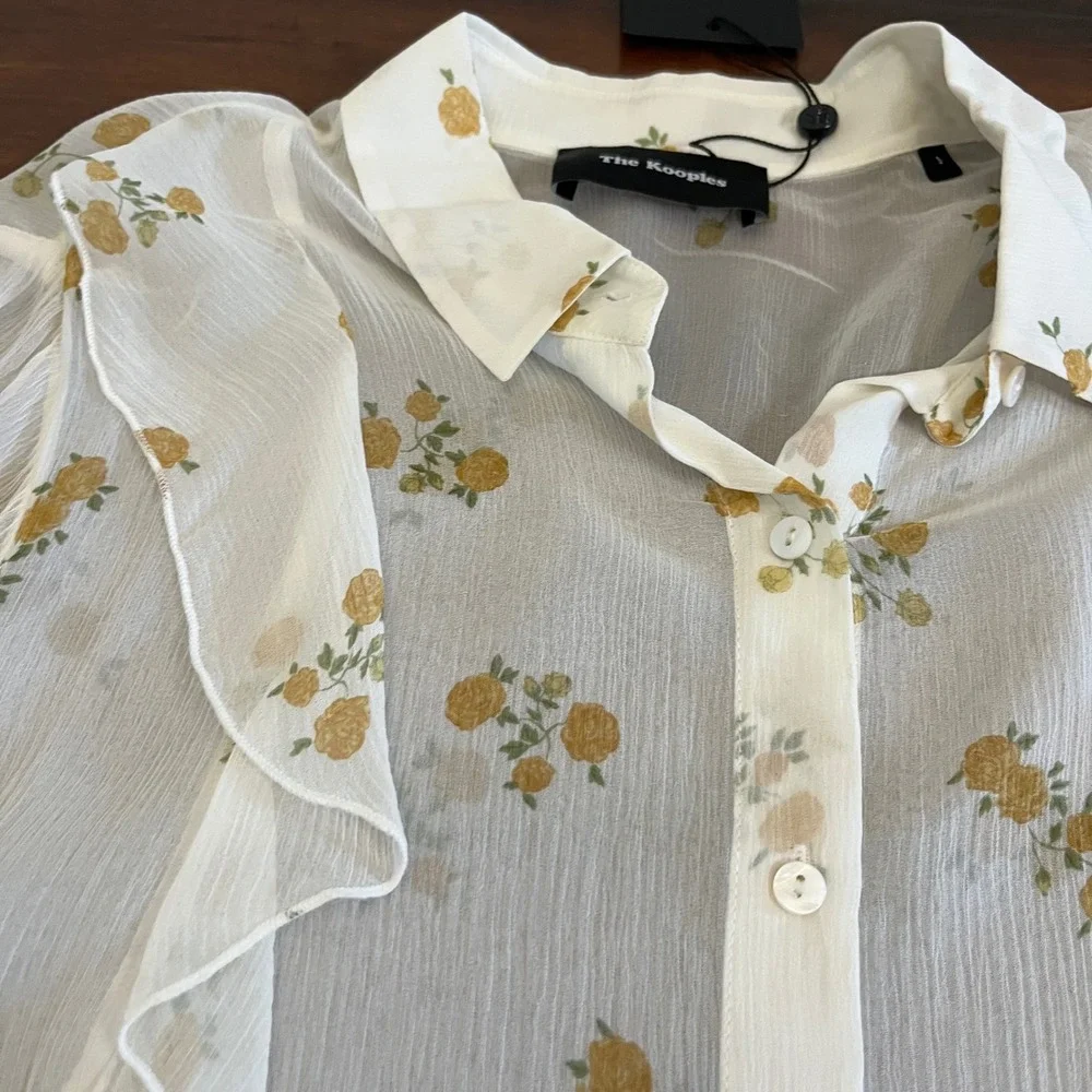 The Kooples Popcorn Floral-Print Sheer Silk Shirt Ruffle Button Down FR 1/US S - Picture 11 of 13
